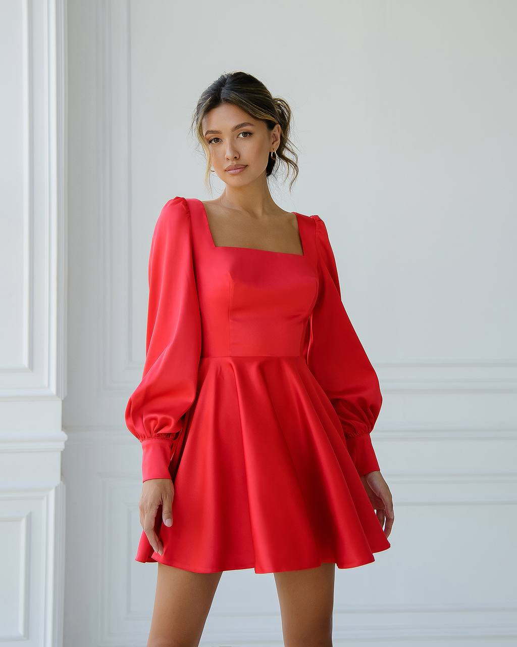 Royal Mango Satin Mini Dress with Puff Sleeves for Women