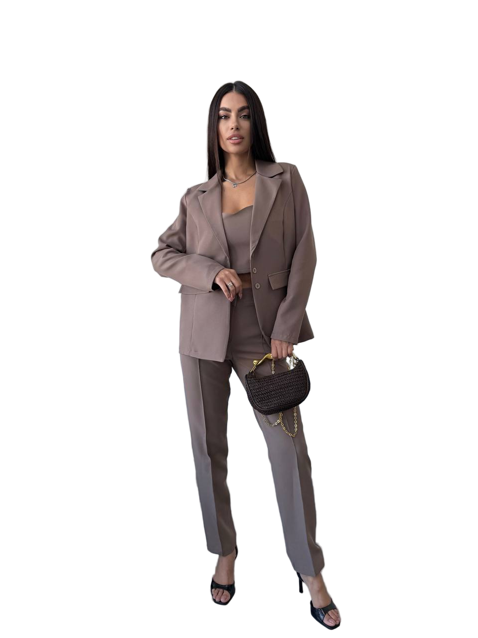 Stylish Women's Three-Piece Suit Taupe Color with Blazer, Top, and Pants