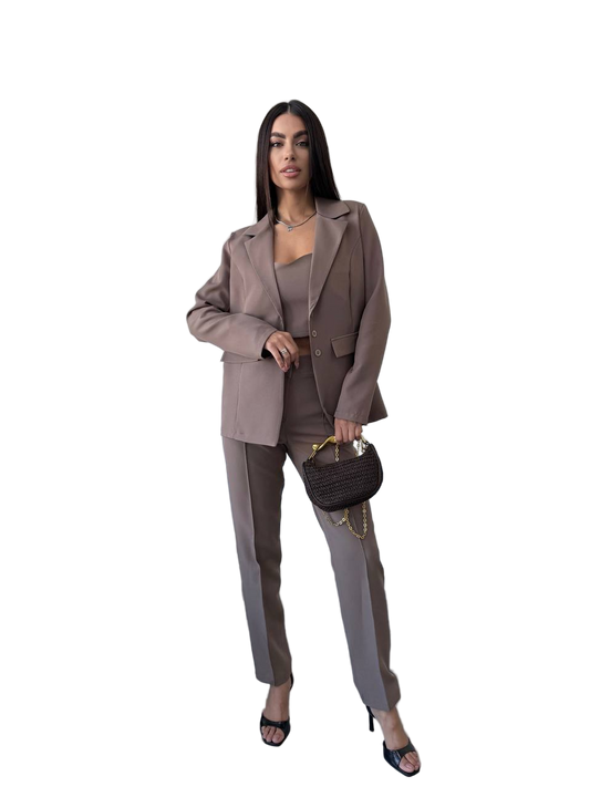 Stylish Women's Three-Piece Suit Taupe Color with Blazer, Top, and Pants
