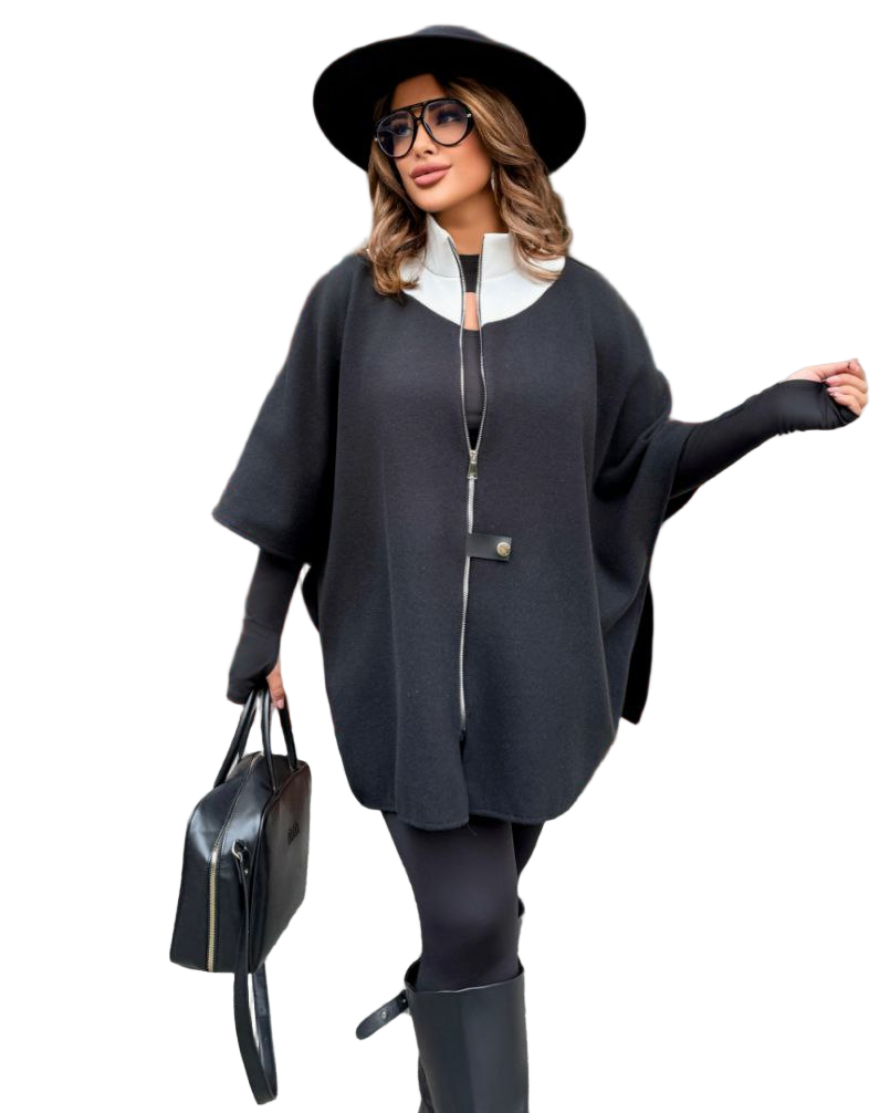 Black Angora Knit Cardigan Poncho Zip Front Oversized