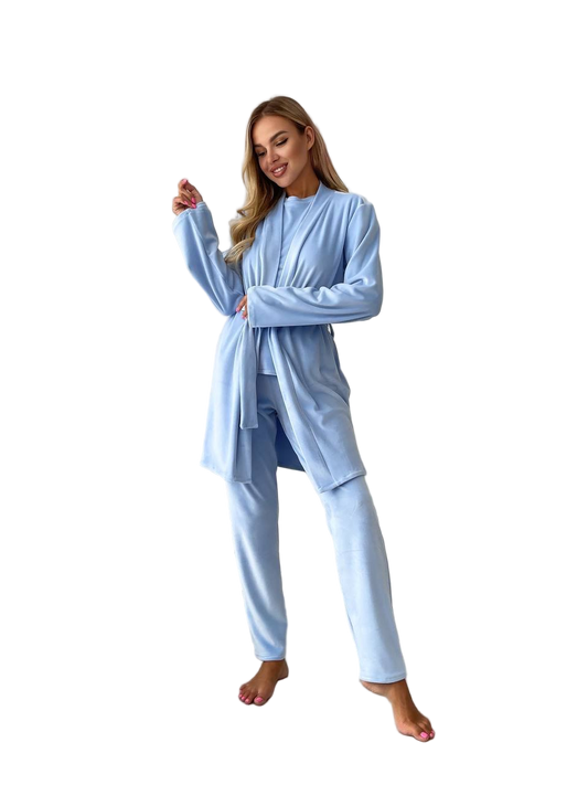 Womens Velour Loungewear Three Piece Set Light Blue Robe Top Pants