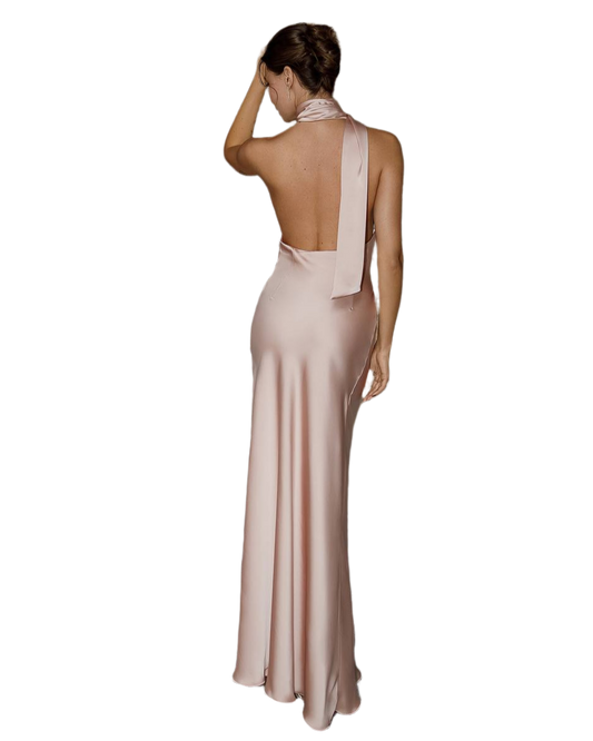 Elegant Backless Maxi Dress in Dense Satin Fabric