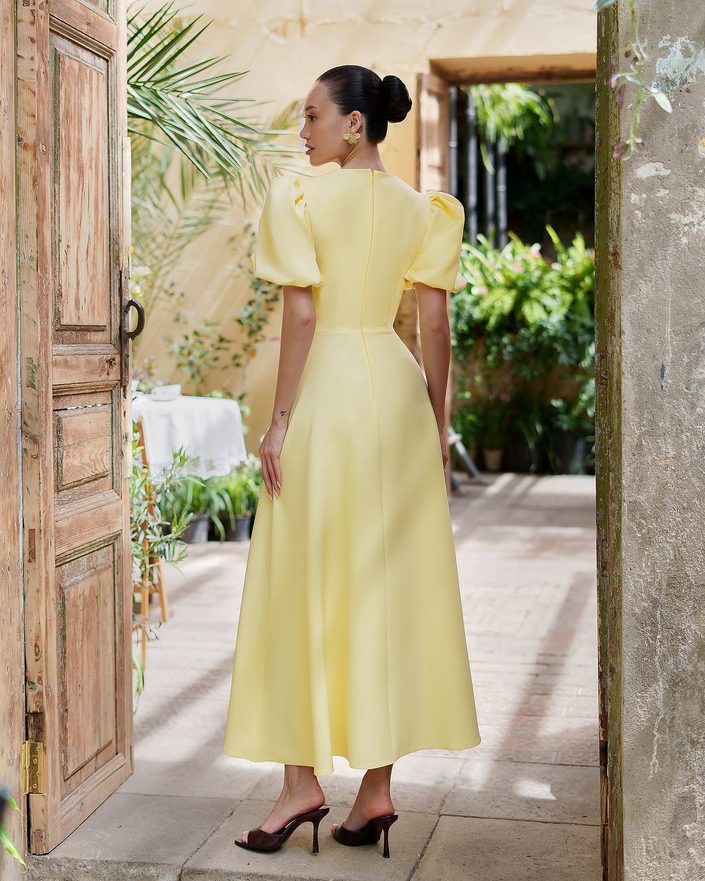 Women Midi Dress Premium Diagonal Suit Crepe Yellow Puff Sleeve