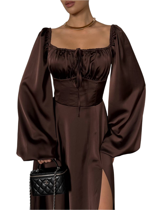 Brown satin dress with wide sleeves on a white background