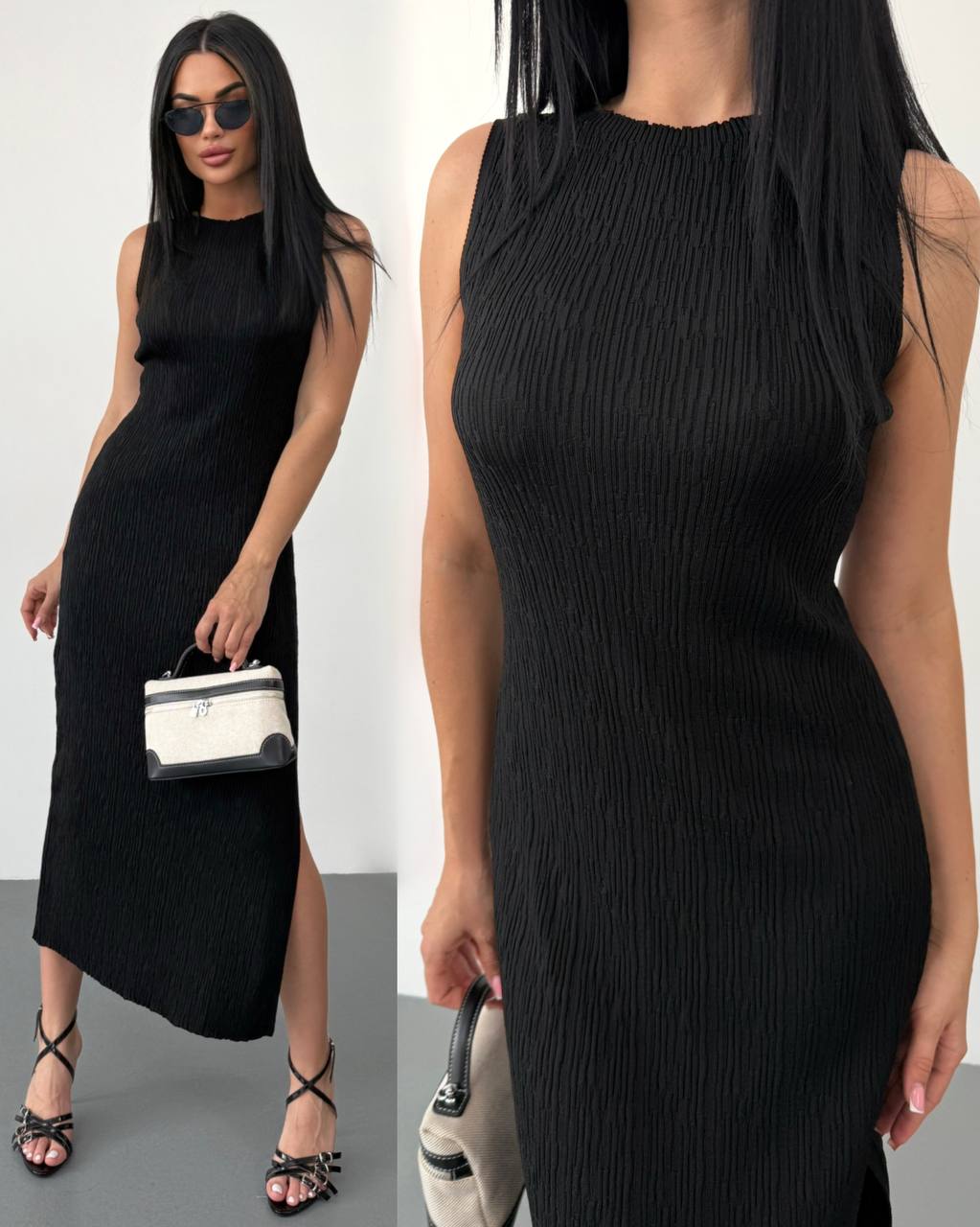 Greta Black Sleeveless Midi Dress with Side Slit for Women
