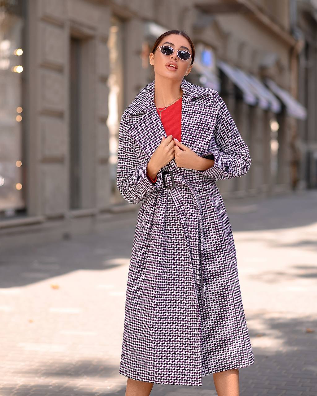 Womens Turkish Fabric Houndstooth Pattern Coat Long Trench Style Belted