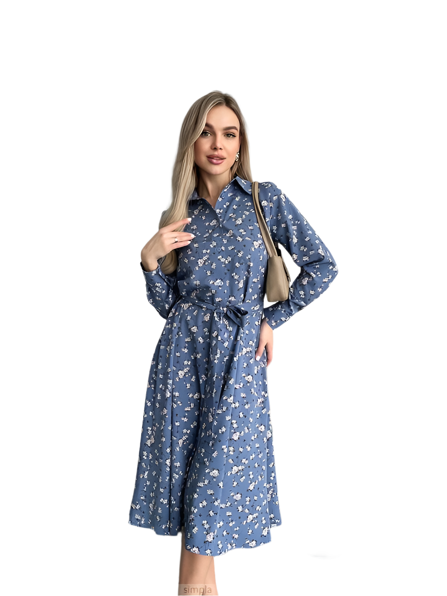 Woman wearing a blue floral dress on a white background