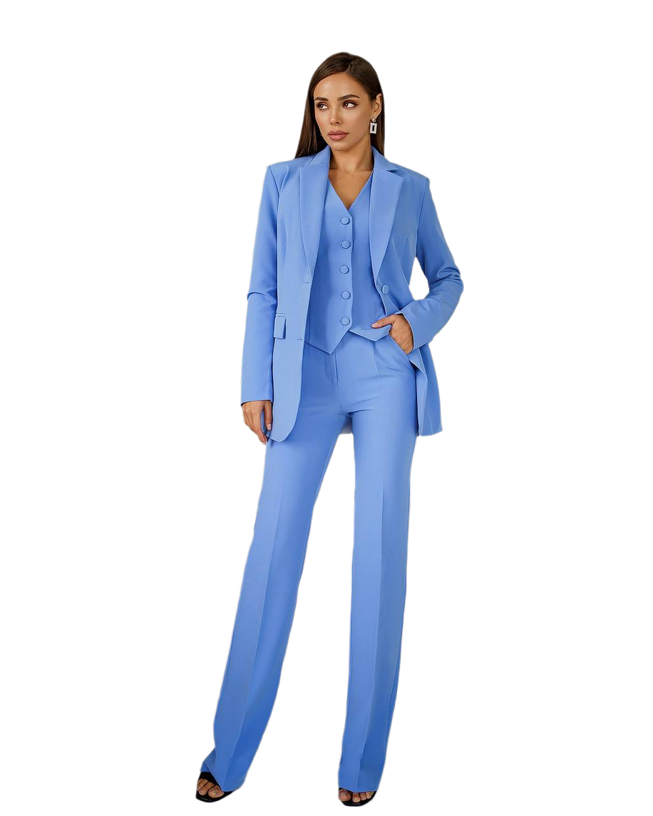 Three-Piece Women's Suit with Vest in Blue Diagonal Crepe Fabric
