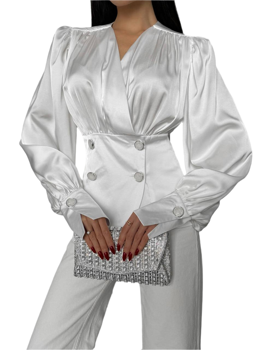 Womens Satin Shirt Elegant Blouse with Puff Sleeves and Button Detail