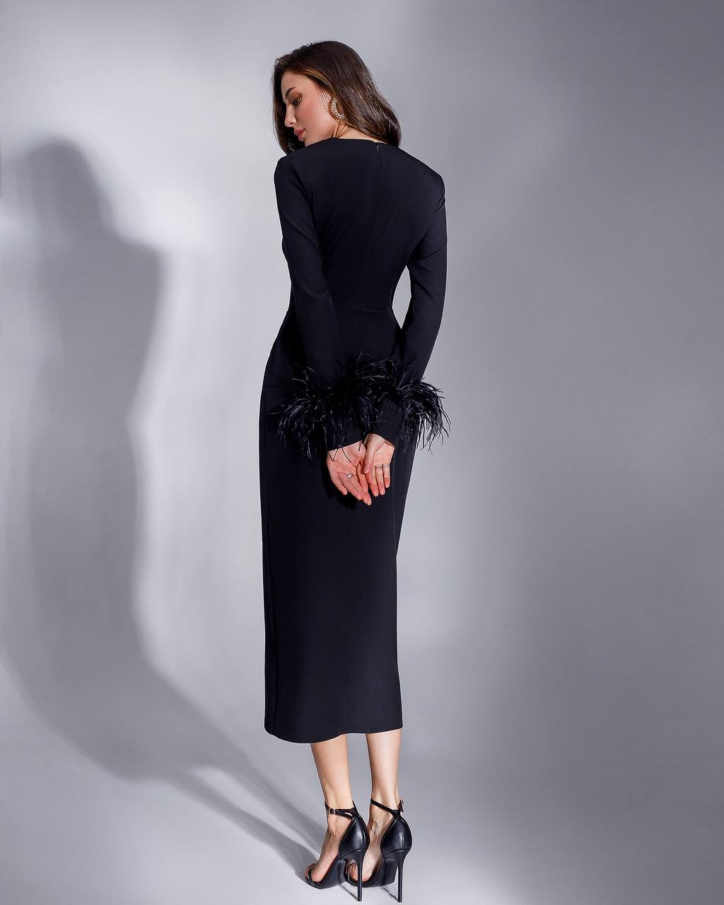 Women Midi Dress Premium Crepe-Diagonal Feather Accents in Black Red Milk-White Blue