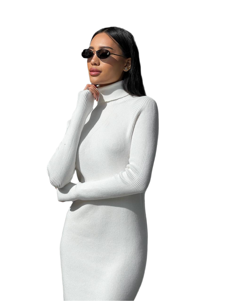 Woman wearing a white ribbed knit dress against a white background