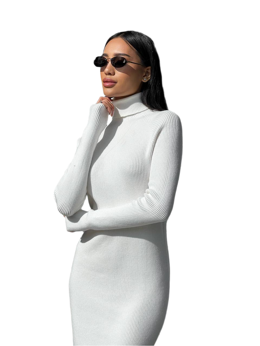 Woman wearing a white ribbed knit dress against a white background