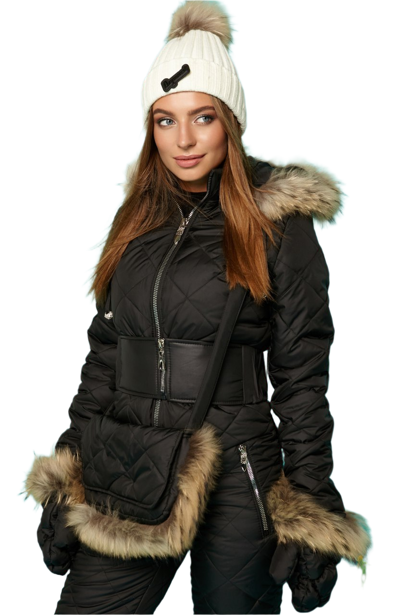 Person wearing a black winter coat with fur trim and a white beanie on a white background