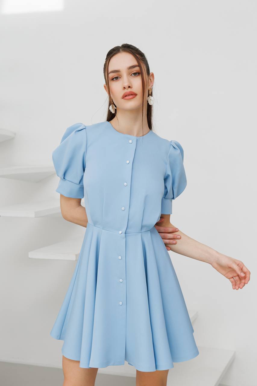 Woman wearing a light blue dress with puff sleeves against a white background
