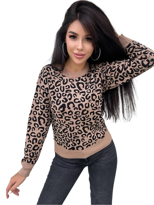 Woman wearing a leopard print sweater on a white background