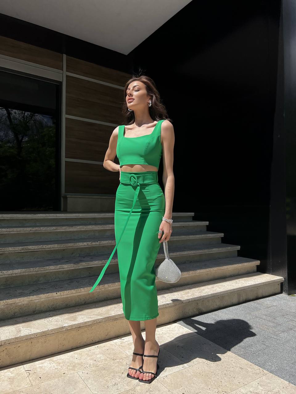 Womens Pencil Skirt and Top Set Diagonal Crepe
