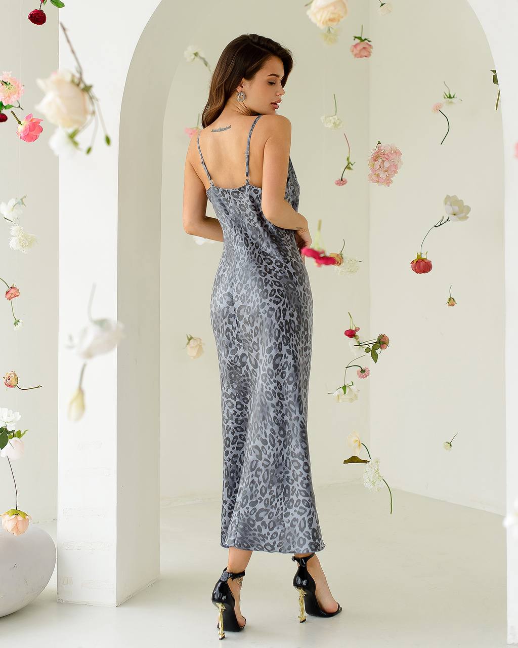 Elegant Satin Viscose Crystal Slip Dress in Leo Gray