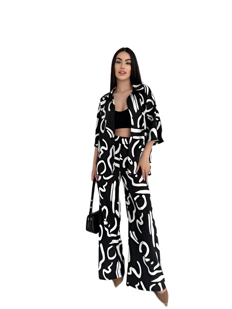 Lightweight Black and White Print Two-Piece Suit for Women