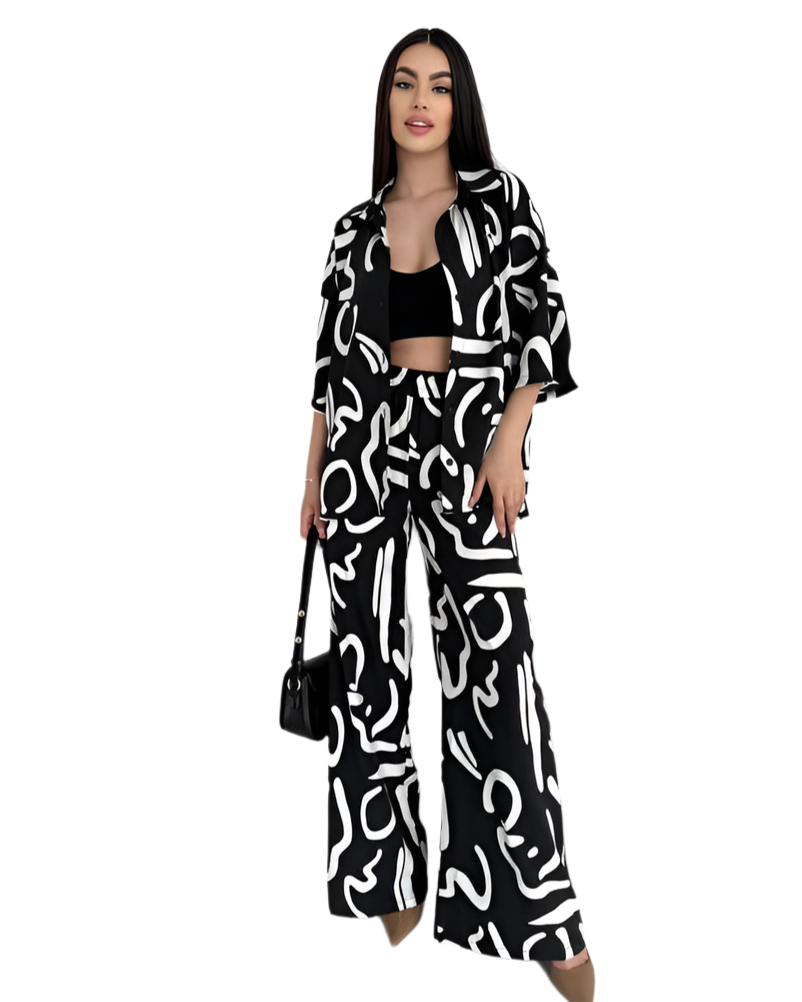 Lightweight Black and White Print Two-Piece Suit for Women
