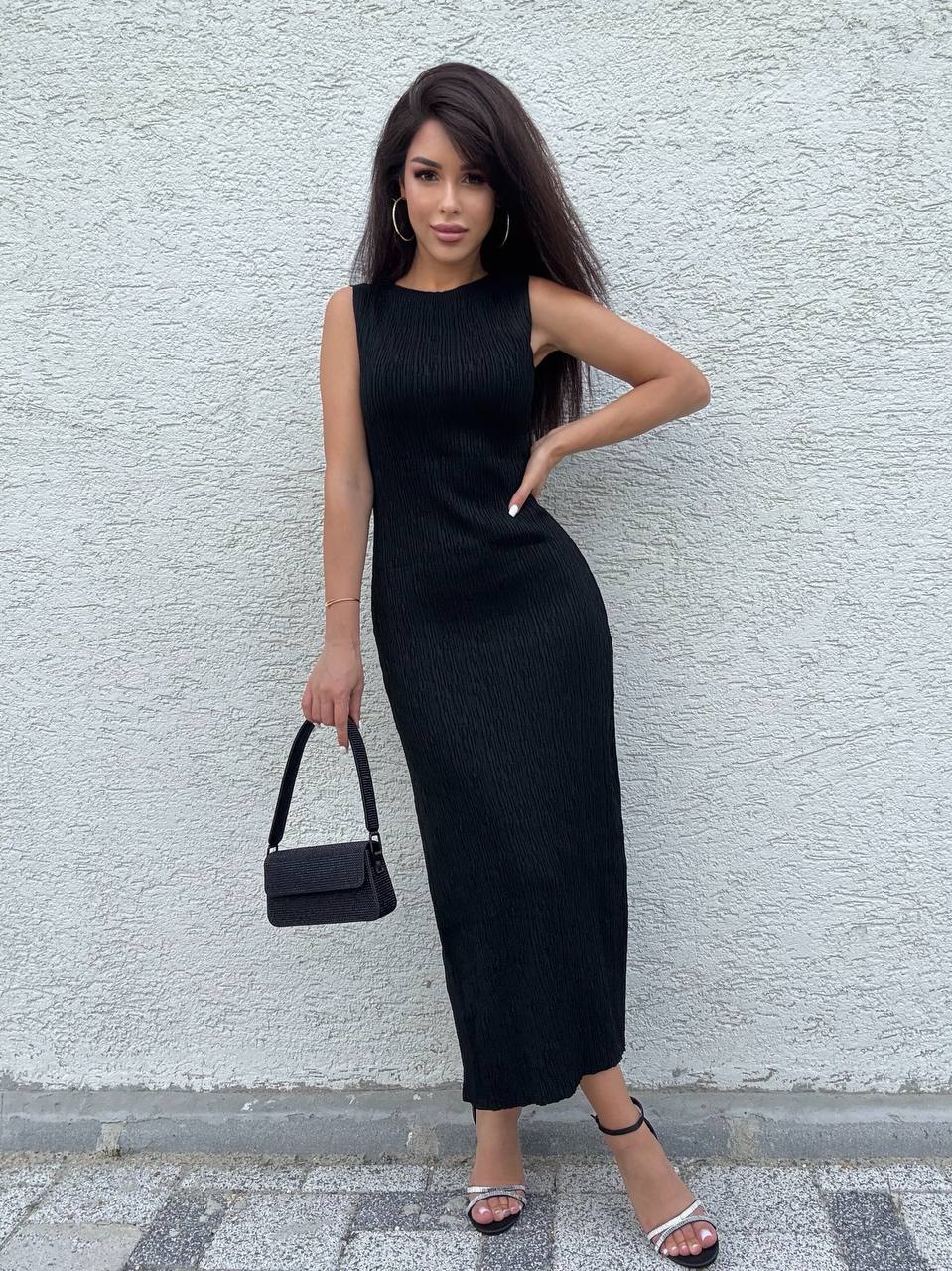 Greta Black Sleeveless Midi Dress with Side Slit for Women
