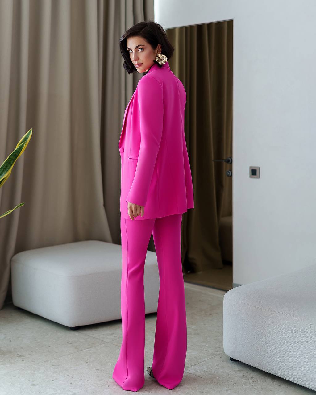 Womens Pink Suit with Lined Blazer and Flared Pants