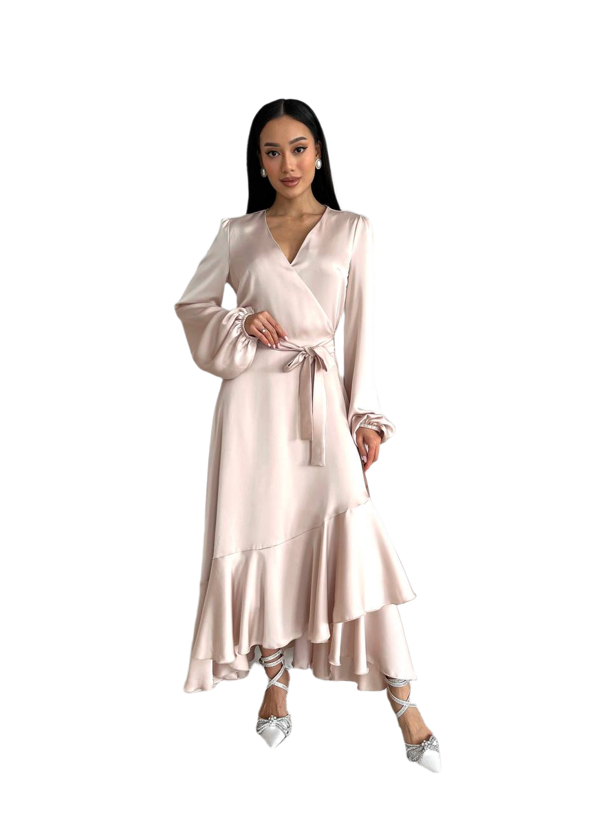 Bella Satin Wrap Dress for Women with Ruffled Hem and Long Sleeves