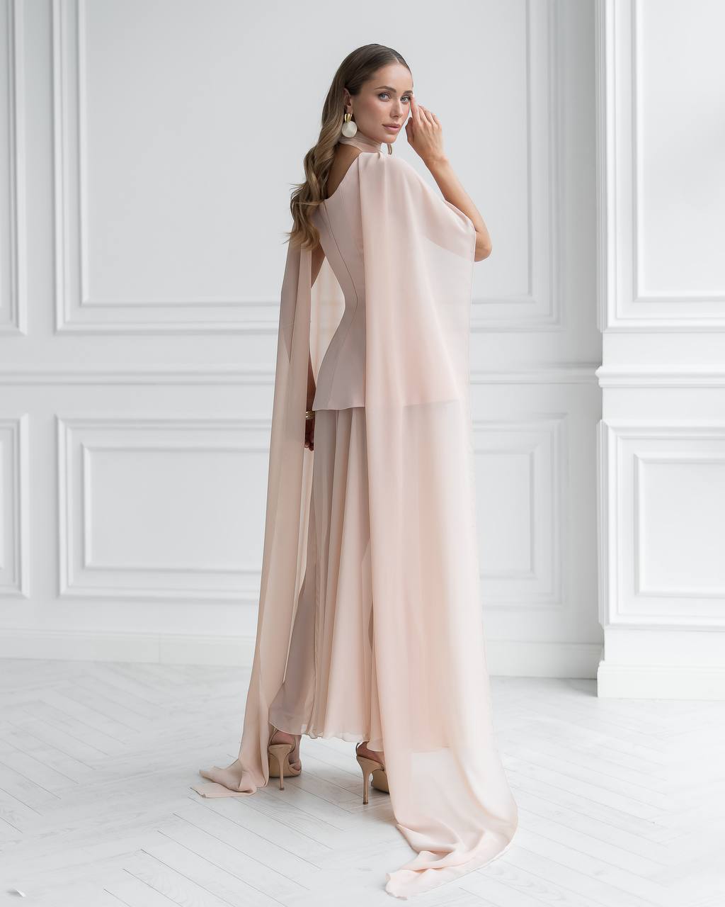 Elegant Corset Dress Set with Skirt and Cape in Premium Diagonal Suiting Crepe and Windy Chiffon