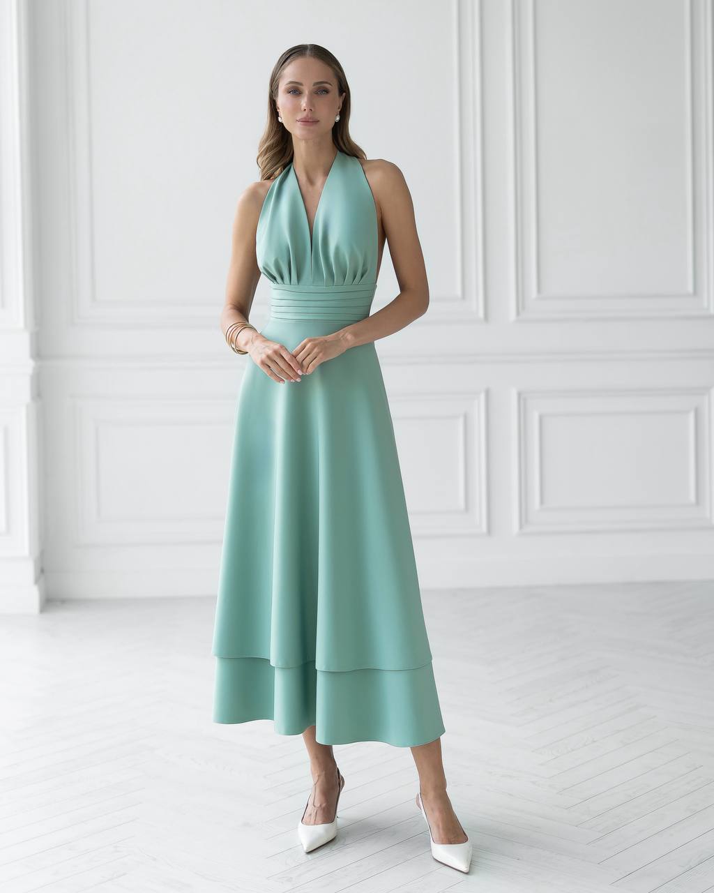 Elegant Halter Neck Midi Dress in Premium Diagonal Suiting Crepe