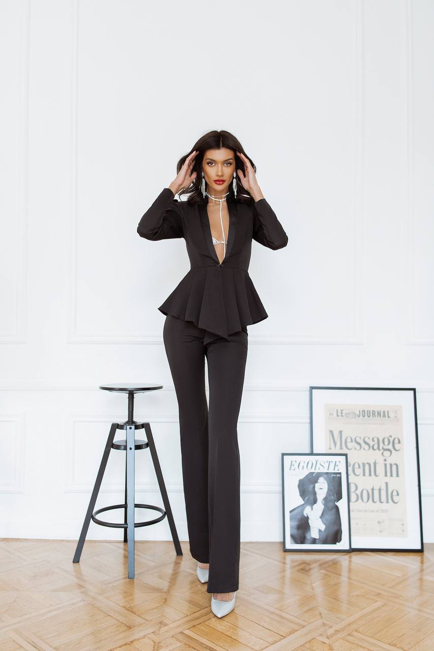 Black Women Wedding Suit Bridal Elegant Cocktail Graduation Pantsuit Peplum Jacket High Waist Palazzo Pants