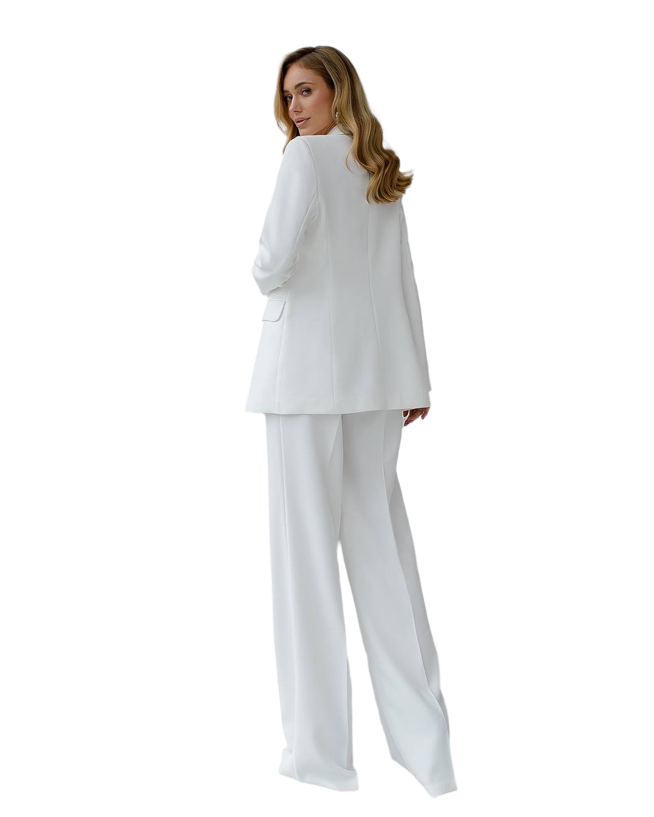 Woman wearing a white suit on a white background