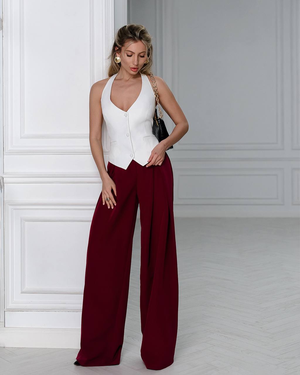 Womens Premium Diagonal Suiting Crepe Vest Halter Neck Button Front