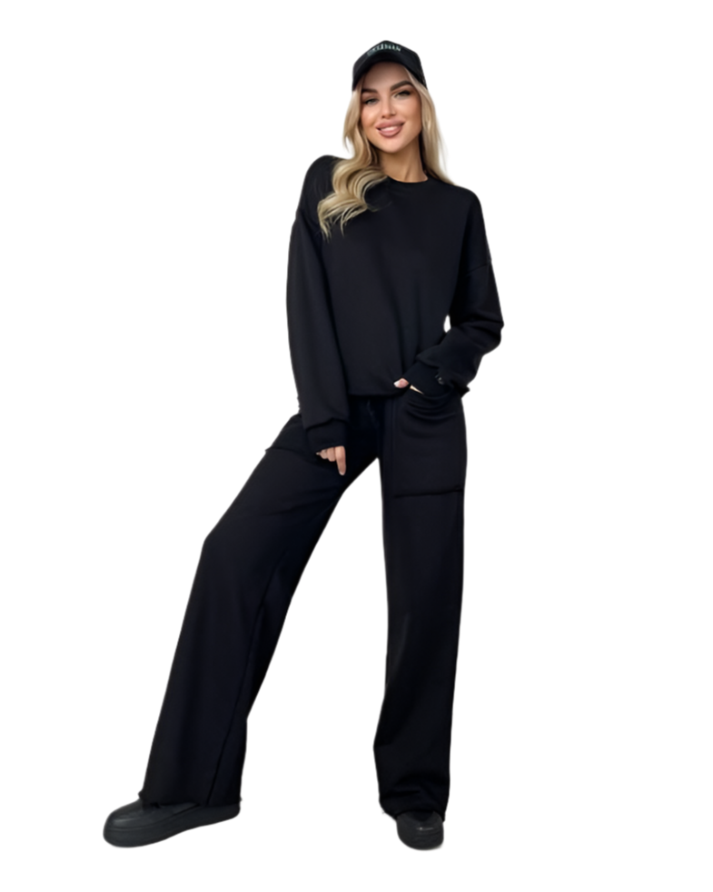 Black Casual Two-Piece Set Loose Fit Sweatshirt and High Waist Pants