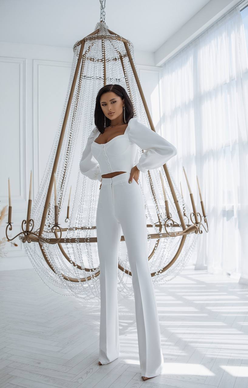 Woman in a white outfit standing in a bright room with a decorative hanging chair.