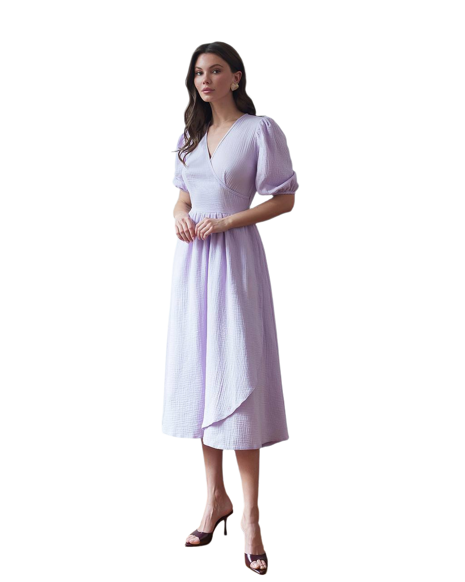 Lightweight Muslin Midi Dress for Women in Milky Blue and Lavender