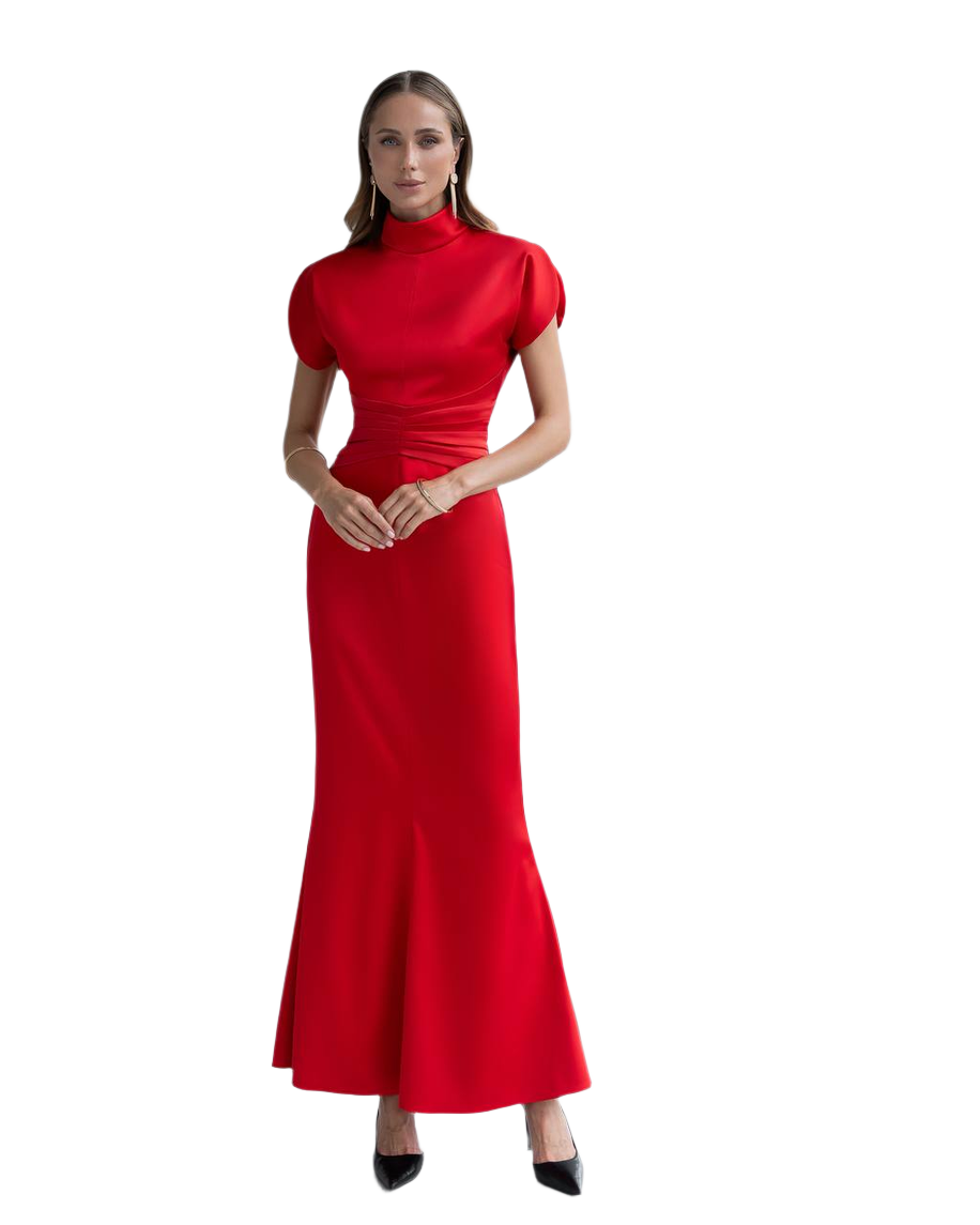 Elegant Red Premium Satin Long Dress with Puff Sleeves