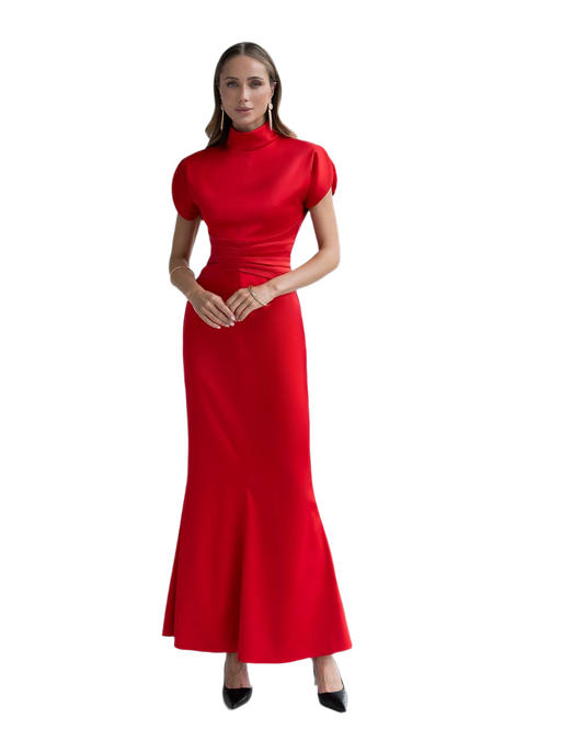 Elegant Red Premium Satin Long Dress with Puff Sleeves