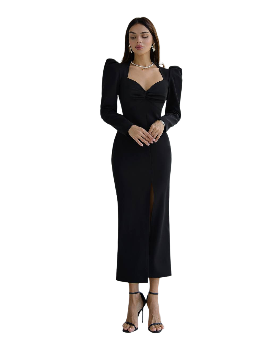 Elegant Black Midi Dress Women Puff Sleeve Crepe Diagonal Fabric