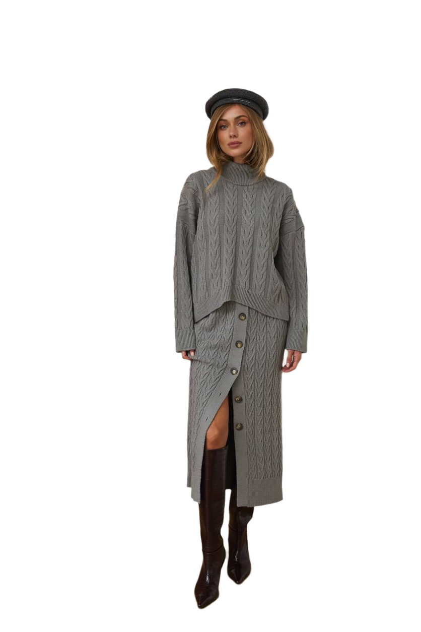 Womens Two-Piece Cable Knit Set with Buttoned Skirt and Turtleneck Sweater Grey