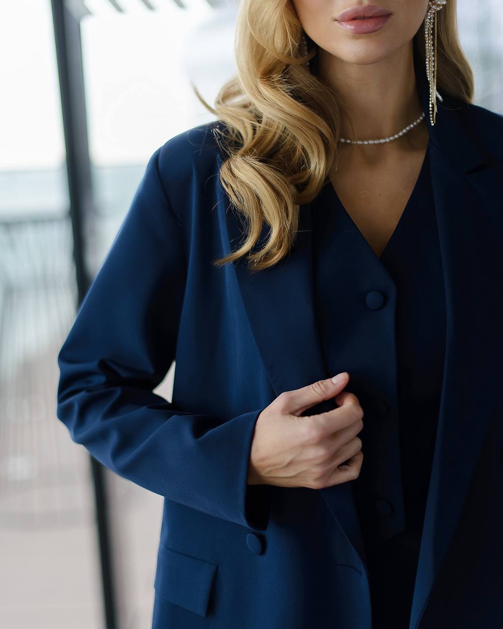 Womens Premium Navy Blue Three Piece Suit Blazer Vest Trousers