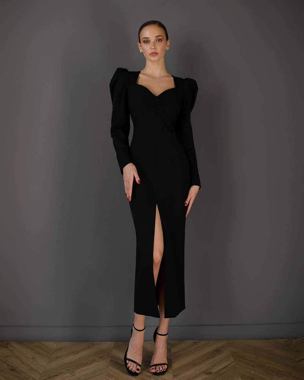 Elegant Black Midi Dress Women Puff Sleeve Crepe Diagonal Fabric
