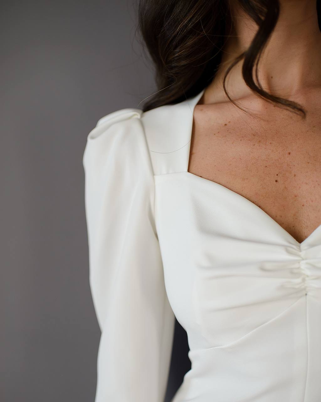 Elegant White Midi Dress Women Puff Sleeves Split Front Suit Crepe