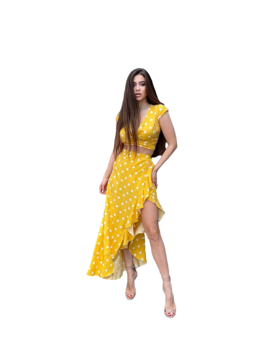 Maldives Suit Women Summer Set Yellow Polka Dot Crinkled Linen Top and Wrap Skirt