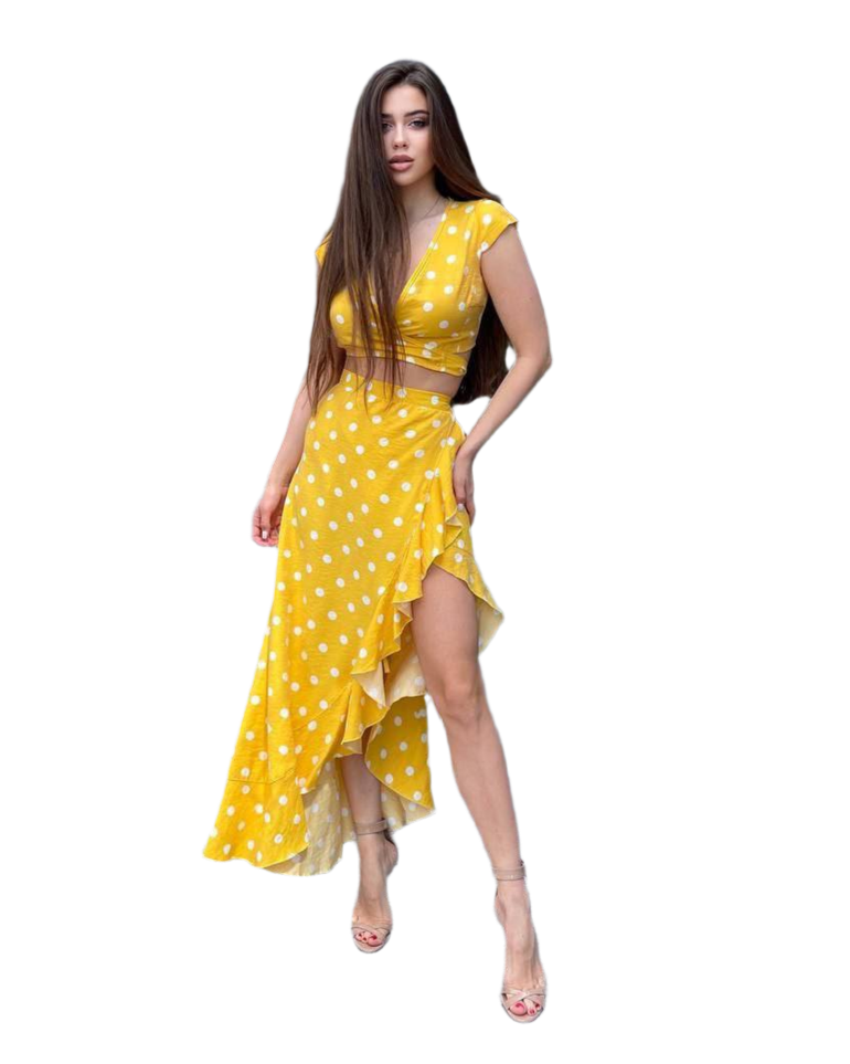 Maldives Suit Women Summer Set Yellow Polka Dot Crinkled Linen Top and Wrap Skirt