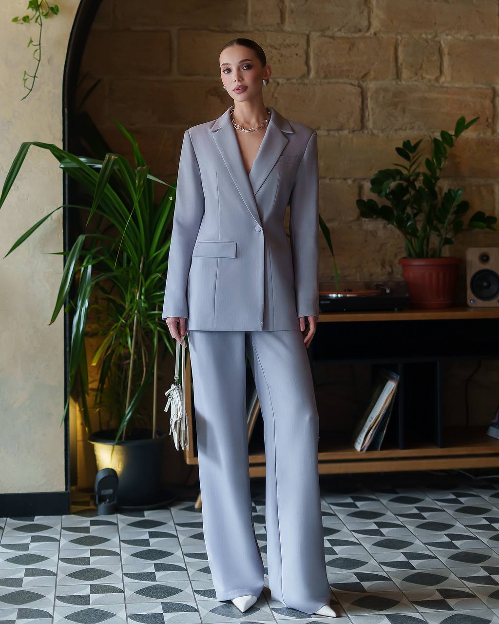 Premium Women Suit Jacket and Pants in Gray Blue