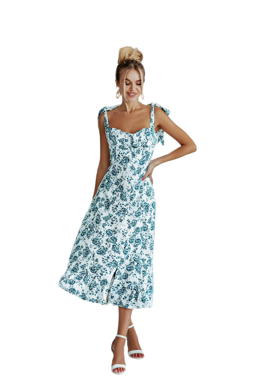 Natural Linen Sundress for Women with Blue Rose Print