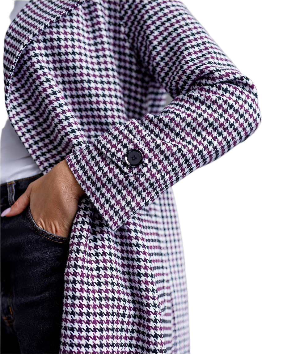 Womens Turkish Fabric Houndstooth Pattern Coat Long Trench Style Belted