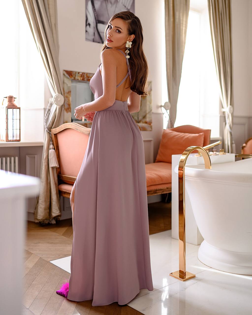 Elegant Crepe-Silk Evening Dress with High Slits for Women