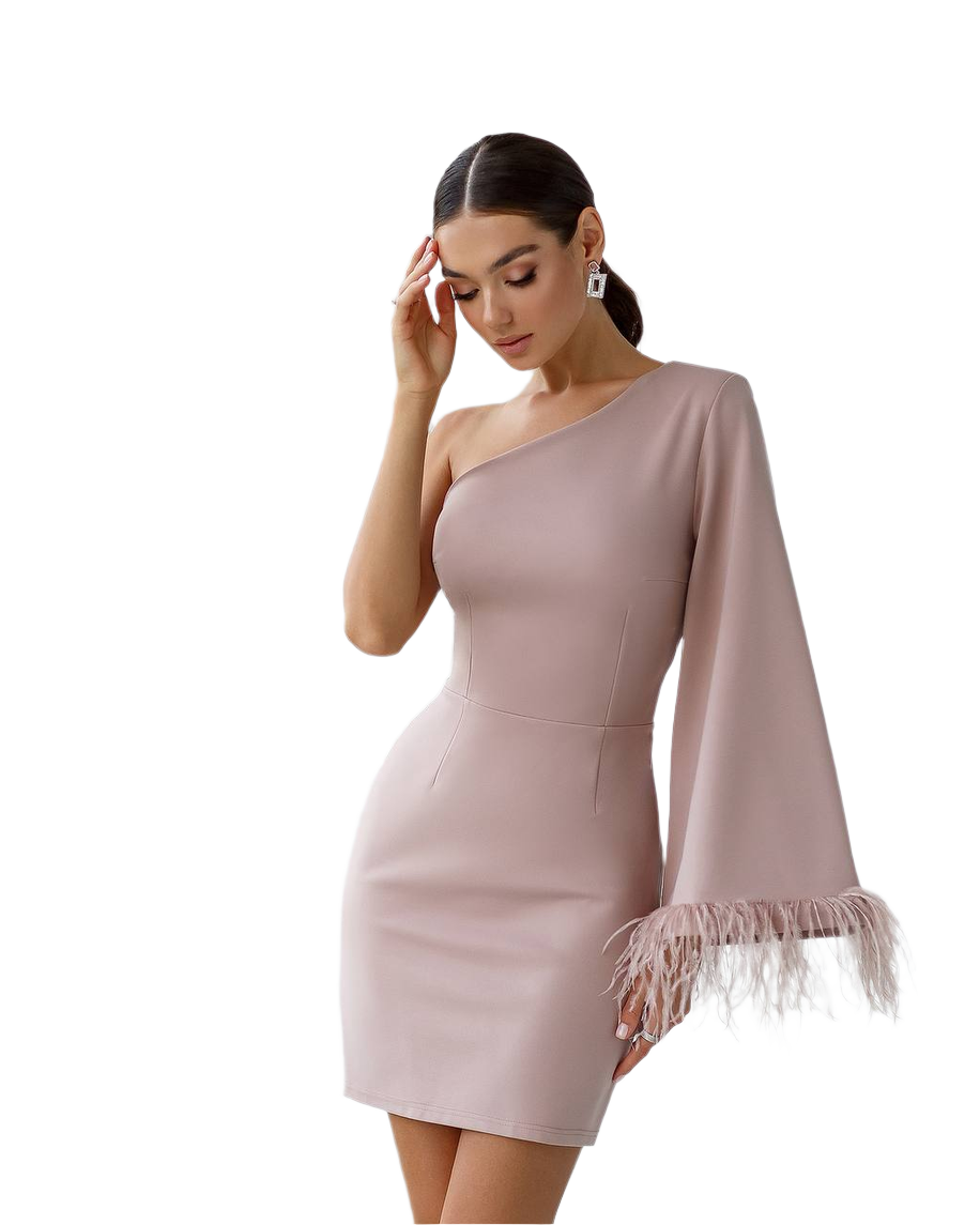 Women One Shoulder Dress with Feather Hem Dense Bandage Knit