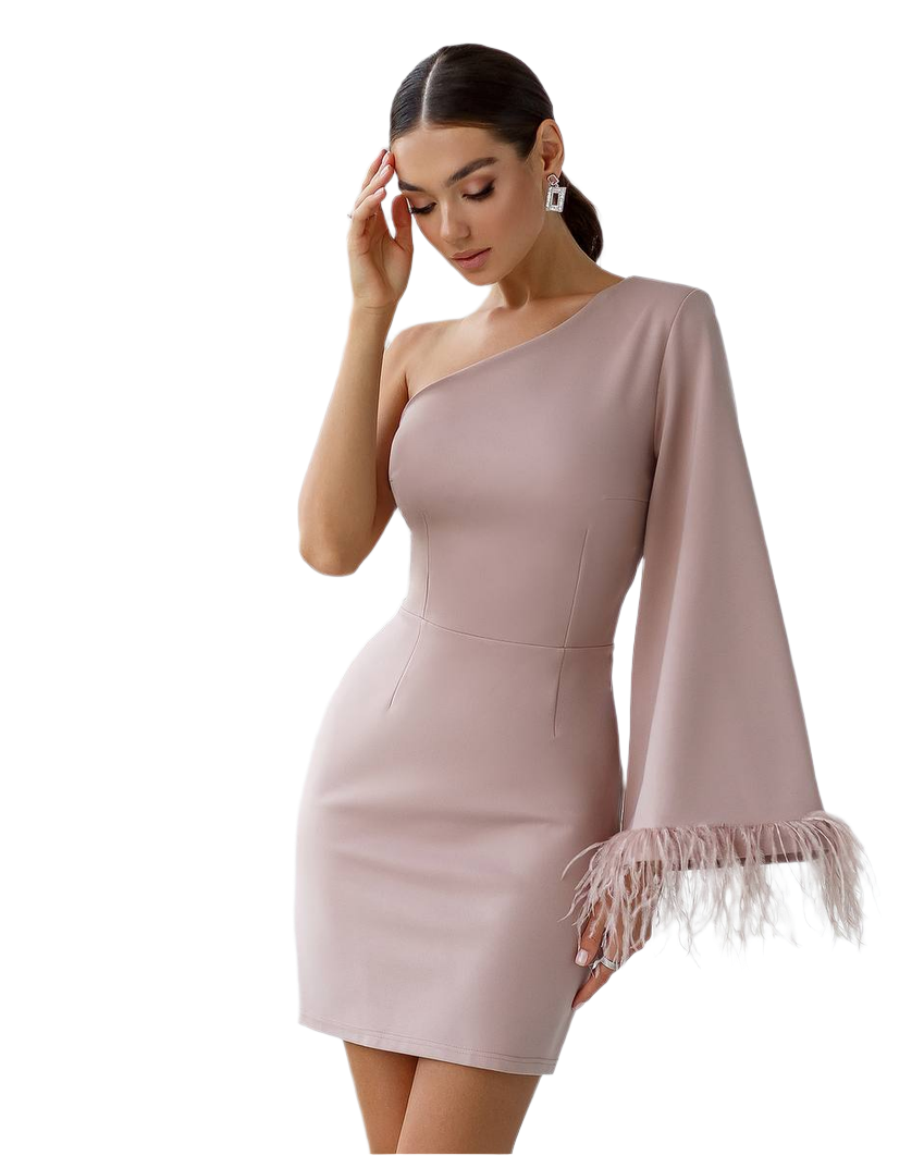 Women One Shoulder Dress with Feather Hem Dense Bandage Knit