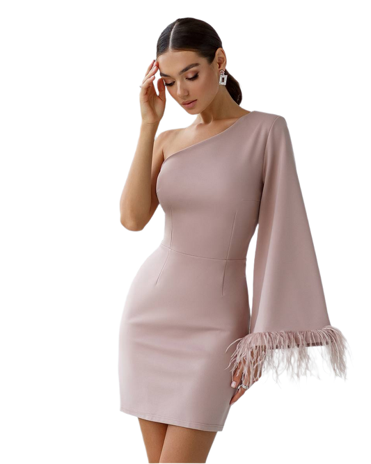 Women One Shoulder Dress with Feather Hem Dense Bandage Knit